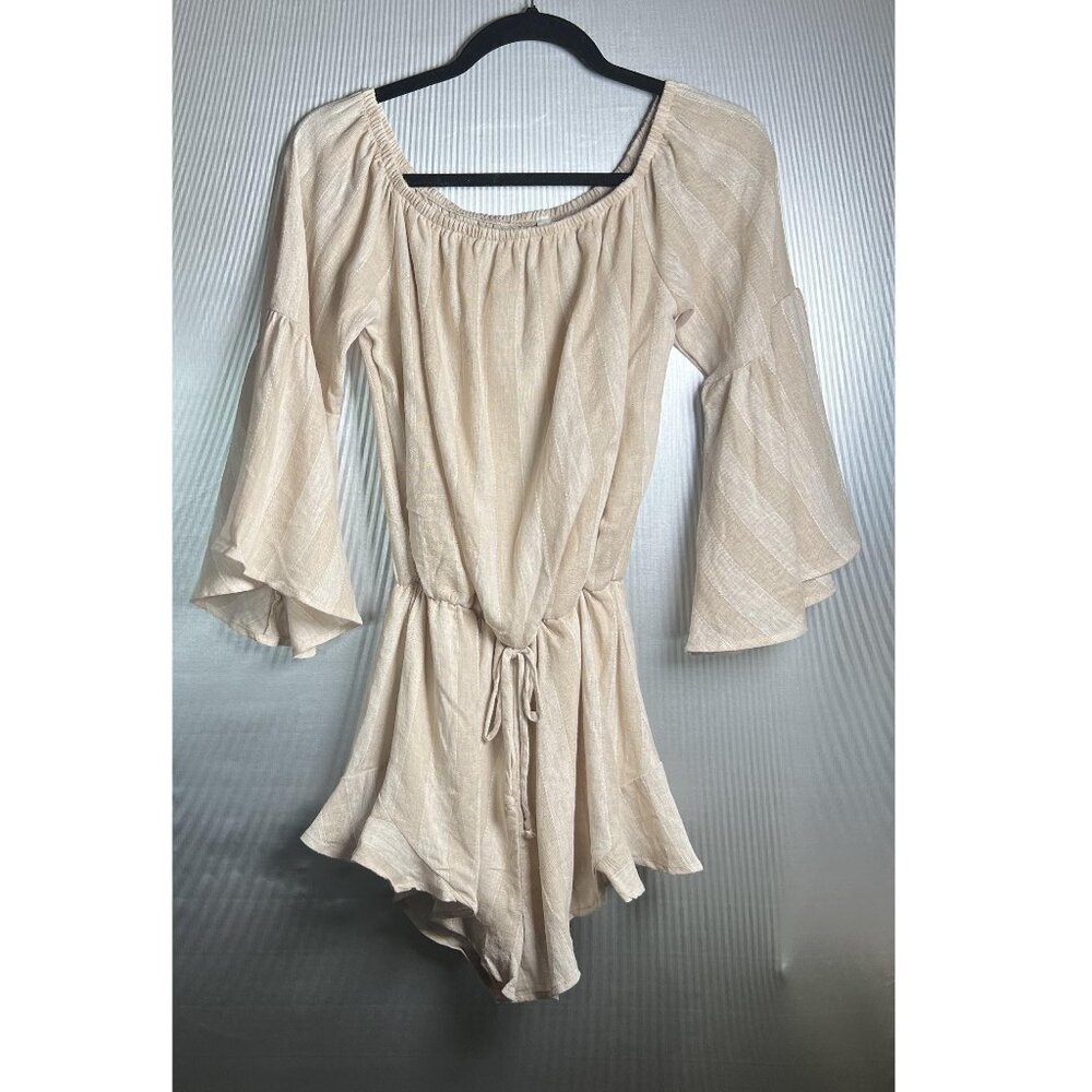 Pink Bluse Light Mocha/Tan Off the Shoulder 3/4 Bell Sleeve Romper Size S New